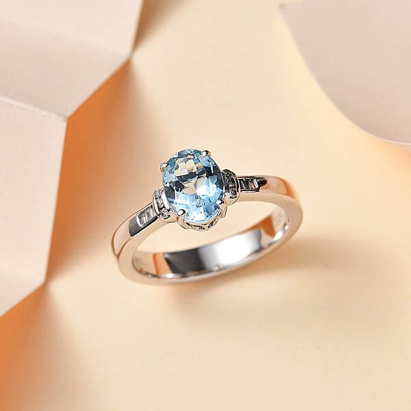 Luxoro Premium Santa Maria Aquamarine And G-H I2 Diamond 1.20 Ctw Statement Ring In 10K White Gold
