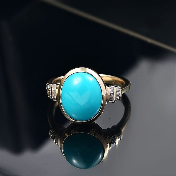 Luxoro Premium Sleeping Beauty Turquoise And Diamond G-H I2 4.40 Ctw Ring In 10K Yellow Gold