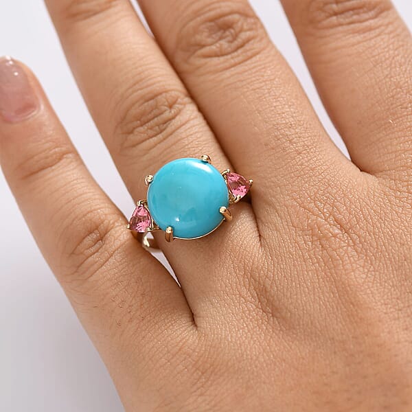 Luxoro Premium Sleeping Beauty Turquoise And Morro Redondo Pink Tourmaline 8.60 Ctw Sunset Reverie Ring In 10K Yellow Gold