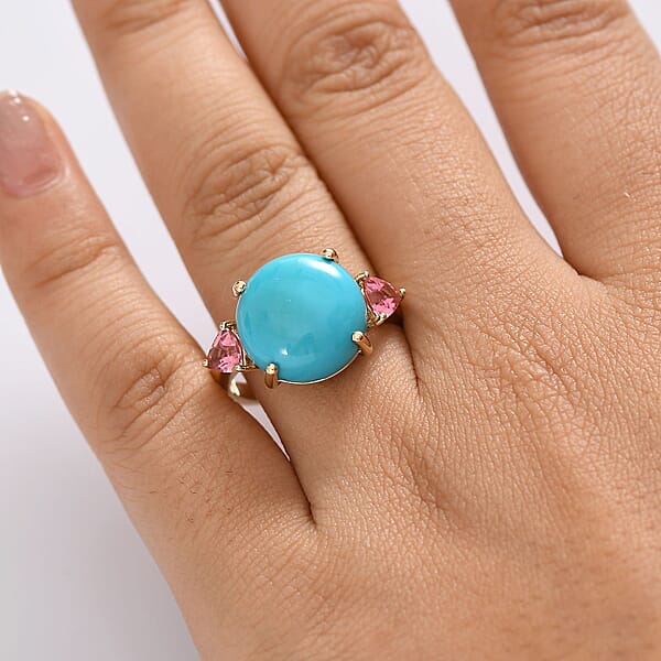 Luxoro Premium Sleeping Beauty Turquoise And Morro Redondo Pink Tourmaline 8.60 Ctw Sunset Reverie Ring In 10K Yellow Gold