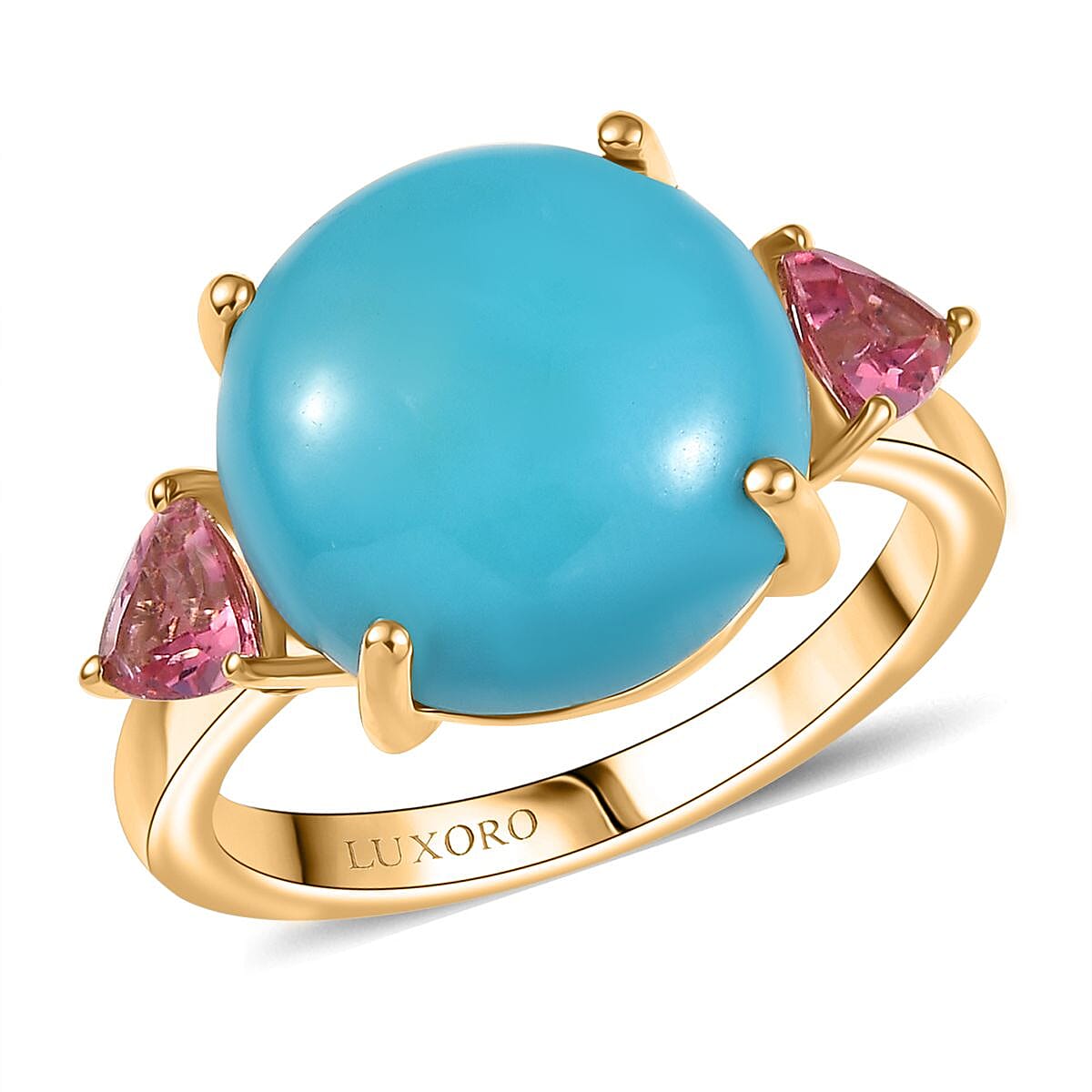 Luxoro Premium Sleeping Beauty Turquoise and Morro Redondo Pink Tourmaline 8.60 ctw Sunset Reverie Ring in 10K Yellow Gold
