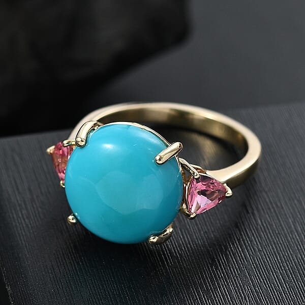 Luxoro Premium Sleeping Beauty Turquoise And Morro Redondo Pink Tourmaline 8.60 Ctw Sunset Reverie Ring In 10K Yellow Gold