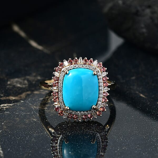 Luxoro Premium Sleeping Beauty Turquoise Padparadscha Sapphire And I2 Diamond 5.20 Ctw Sunset Empress Ring In 10K Yellow Gold