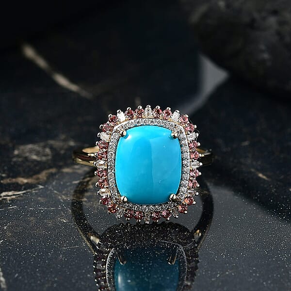Luxoro Premium Sleeping Beauty Turquoise Padparadscha Sapphire And I2 Diamond 5.20 Ctw Sunset Empress Ring In 10K Yellow Gold
