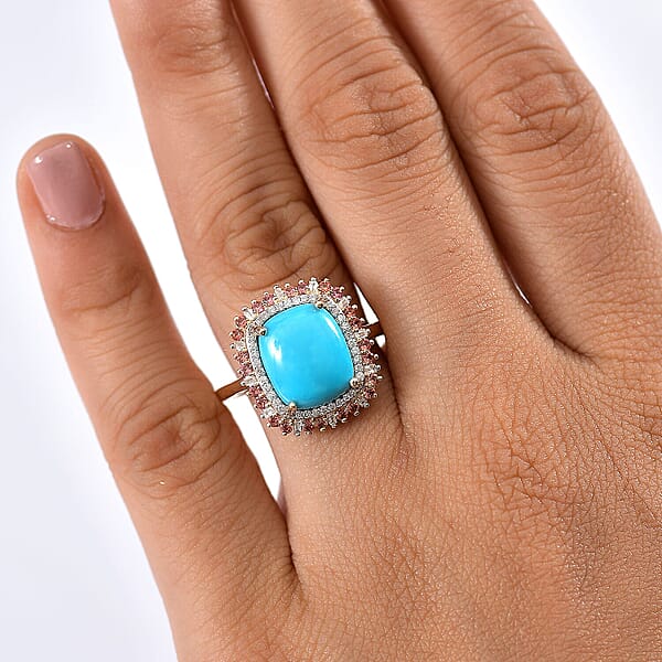 Luxoro Premium Sleeping Beauty Turquoise Padparadscha Sapphire And I2 Diamond 5.20 Ctw Sunset Empress Ring In 10K Yellow Gold