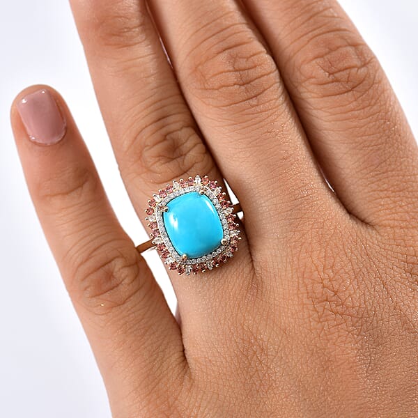 Luxoro Premium Sleeping Beauty Turquoise Padparadscha Sapphire And I2 Diamond 5.20 Ctw Sunset Empress Ring In 10K Yellow Gold