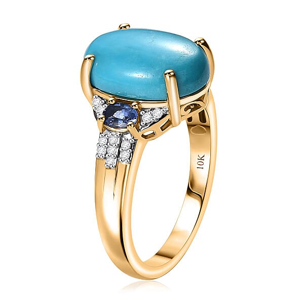 Luxoro Premium Sleeping Beauty Turquoise Tanzanite And Diamond I2 6.25 Ctw Ring In 10K Yellow Gold 4.50 Grams