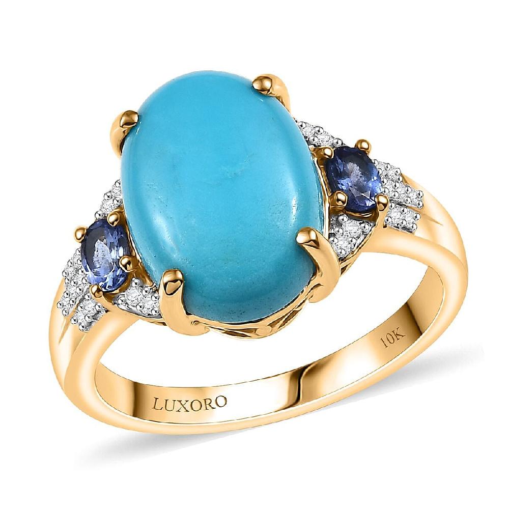 Luxoro Premium Sleeping Beauty Turquoise Tanzanite and Diamond I2 6.25 ctw Ring in 10K Yellow Gold 4.50 Grams