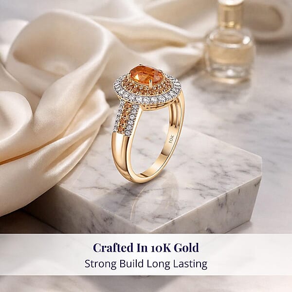 Luxoro Premium Tanzanian Mandarin Garnet Padparadscha Sapphire I2 Diamond 2.80 Ctw Golden Flare Ring In 10K Yellow Gold (Del. In 10-12 Days)