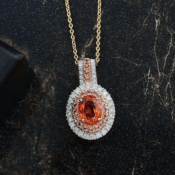 Luxoro Premium Tanzanian Mandarin Garnet Padpardscha Sapphire And I2 Diamond 2.45 Ctw Golden Flare Pendant Necklace 20 Inches In 10K Yellow Gold