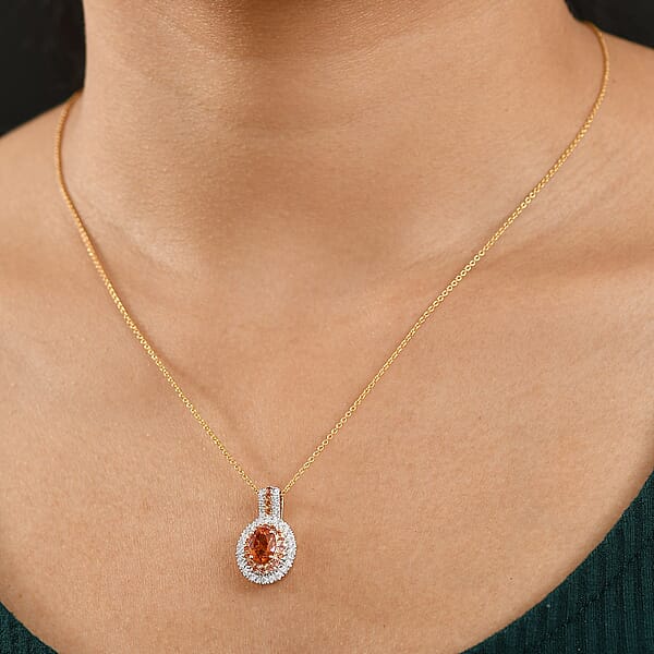 Luxoro Premium Tanzanian Mandarin Garnet Padpardscha Sapphire And I2 Diamond 2.45 Ctw Golden Flare Pendant Necklace 20 Inches In 10K Yellow Gold