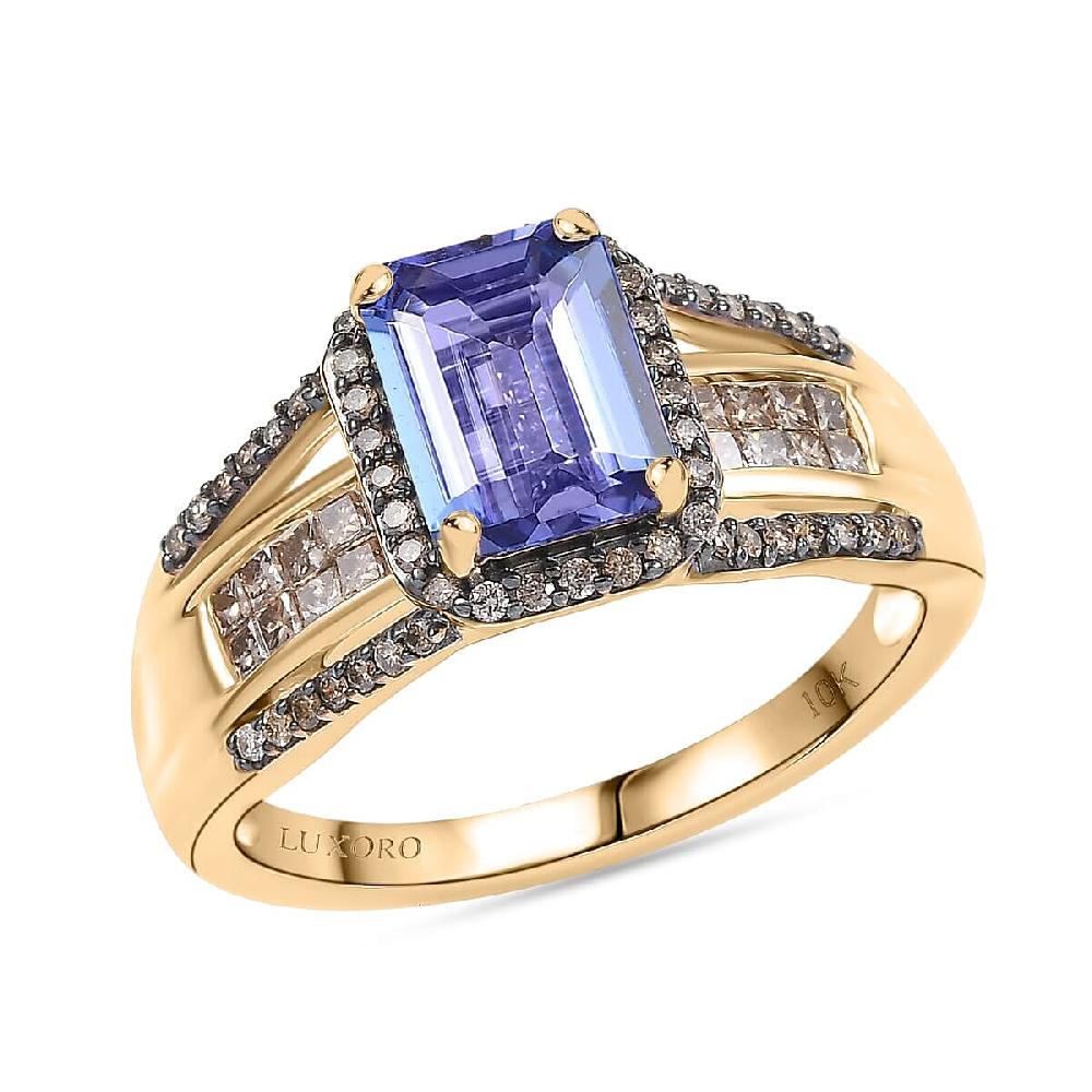 Luxoro Premium Tanzanite and I2 Natural Champagne Diamond 2.05 ctw Bridge Ring in 10K Yellow Gold