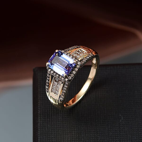 Luxoro Premium Tanzanite And I2 Natural Champagne Diamond 2.05 Ctw Bridge Ring In 10K Yellow Gold