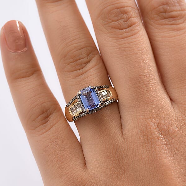Luxoro Premium Tanzanite And I2 Natural Champagne Diamond 2.05 Ctw Bridge Ring In 10K Yellow Gold
