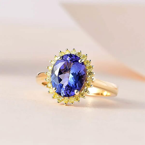 Luxoro Premium Tanzanite And I3 Natural Yellow Diamond 3.00 Ctw Sunburst Ring In 10K Yellow Gold