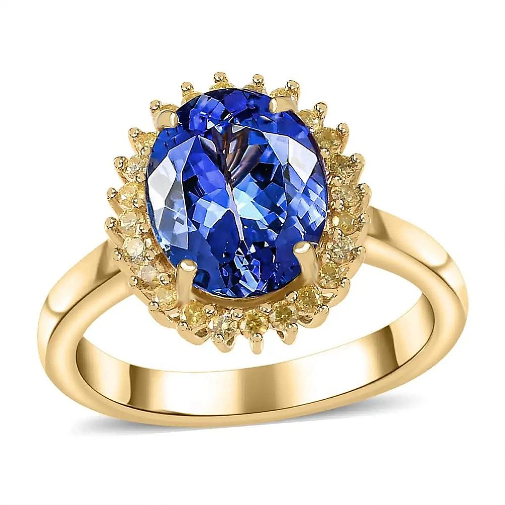 Luxoro Premium Tanzanite and I3 Natural Yellow Diamond 3.00 ctw Sunburst Ring in 10K Yellow Gold