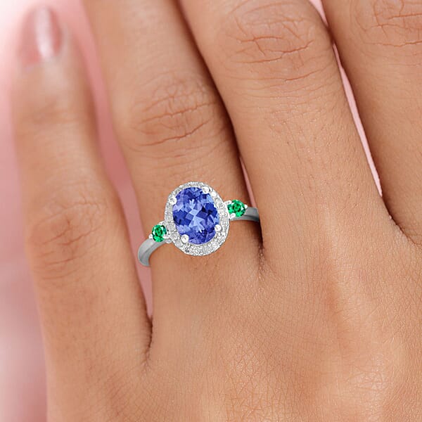 Luxoro Premium Tanzanite Boyaca Colombian Emerald And G-H I1 Diamond 1.60 Ctw Ring In 14K White Gold (Del. In 10-12 Days)