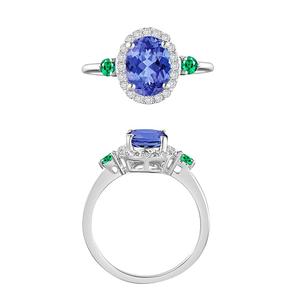 Luxoro Premium Tanzanite Boyaca Colombian Emerald And G-H I1 Diamond 1.60 Ctw Ring In 14K White Gold (Del. In 10-12 Days)