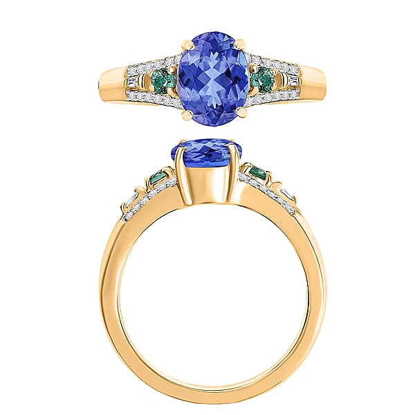 Luxoro Premium Tanzanite Boyaca Colombian Emerald And G-H I2 Diamond 1.82 Ctw Ring In 10K Yellow Gold (Del. In 10-12 Days)