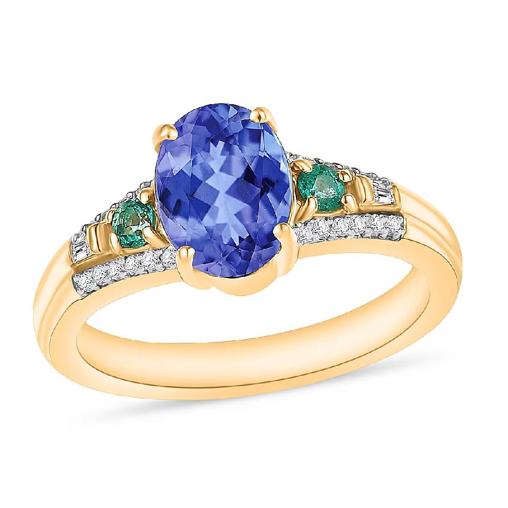 Luxoro Premium Tanzanite Boyaca Colombian Emerald and G-H I2 Diamond 1.82 ctw Ring in 10K Yellow Gold (Del. in 10-12 Days)