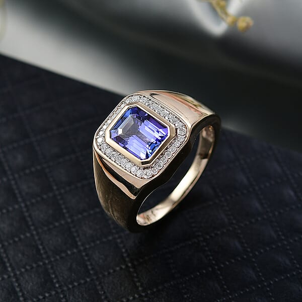 Luxoro Premium Tanzanite Diamond Halo Men's Ring In 14K Yellow Gold 2.90 Ctw