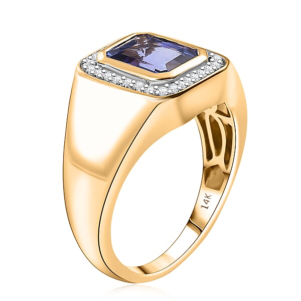Luxoro Premium Tanzanite Diamond Halo Men's Ring In 14K Yellow Gold 2.90 Ctw