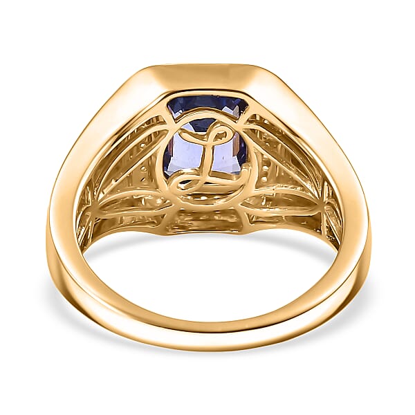 Luxoro Premium Tanzanite Diamond Halo Men's Ring In 14K Yellow Gold 2.90 Ctw