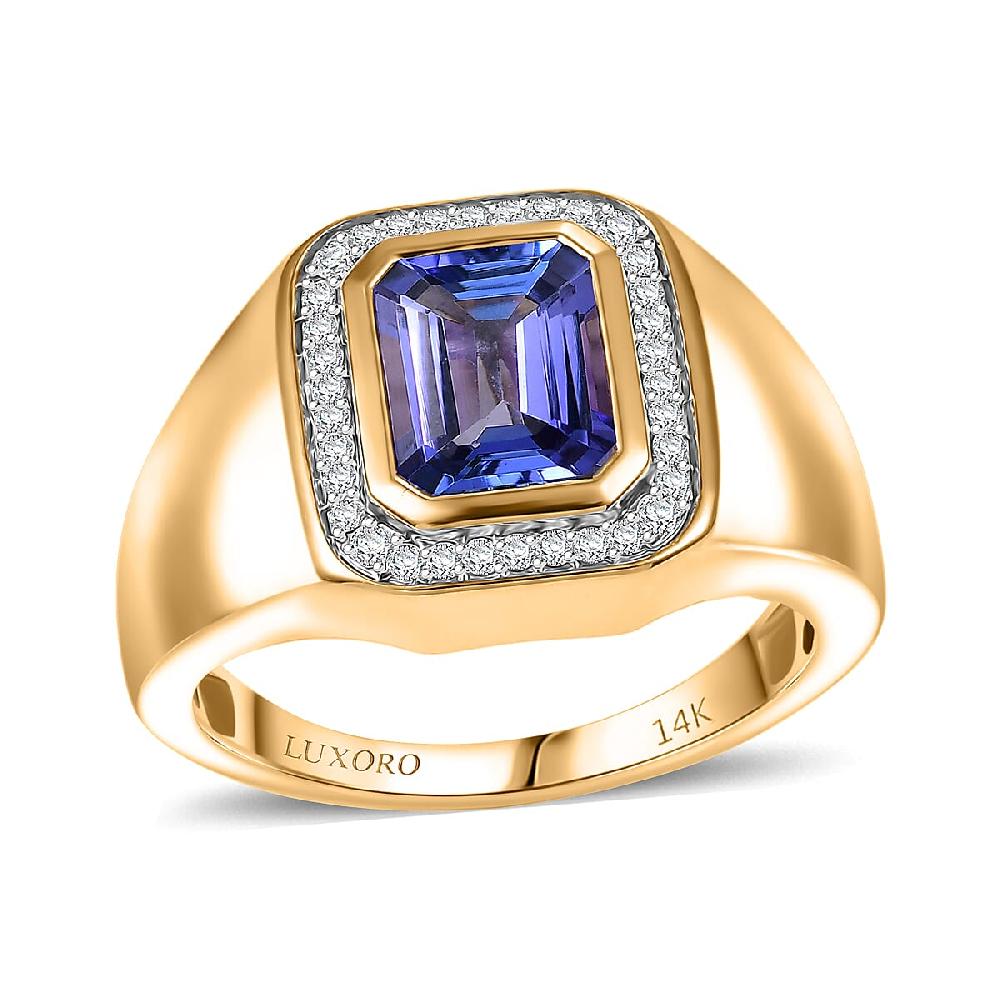 Luxoro Premium Tanzanite Diamond Halo Men's Ring in 14K Yellow Gold 2.90 ctw