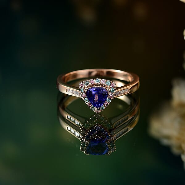Luxoro Premium Tanzanite Paraiba Tourmaline I2 Natural Pink And White Diamond 1.00 Ctw Atlantis Crown Ring In 10K Rose Gold