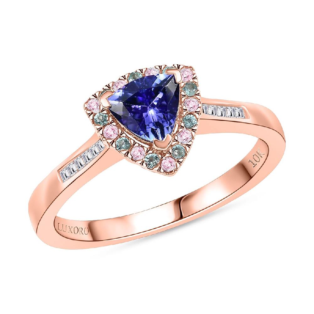 Luxoro Premium Tanzanite Paraiba Tourmaline I2 Natural Pink and White Diamond 1.00 ctw Atlantis Crown Ring in 10K Rose Gold