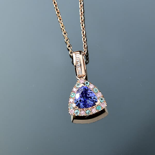 Luxoro Premium Tanzanite Paraiba Tourmaline Natural Pink And White Diamond I2 1.00 Ctw Atlantis Crown Pendant Necklace In 10K Rose Gold 20 Inches