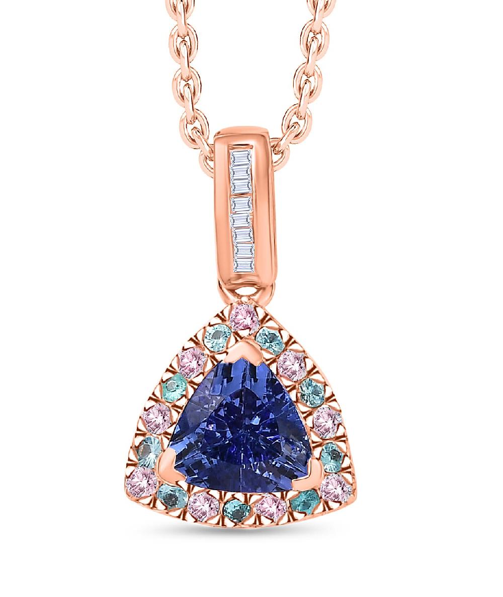 Luxoro Premium Tanzanite Paraiba Tourmaline Natural Pink and White Diamond I2 1.00 ctw Atlantis Crown Pendant Necklace in 10K Rose Gold 20 Inches