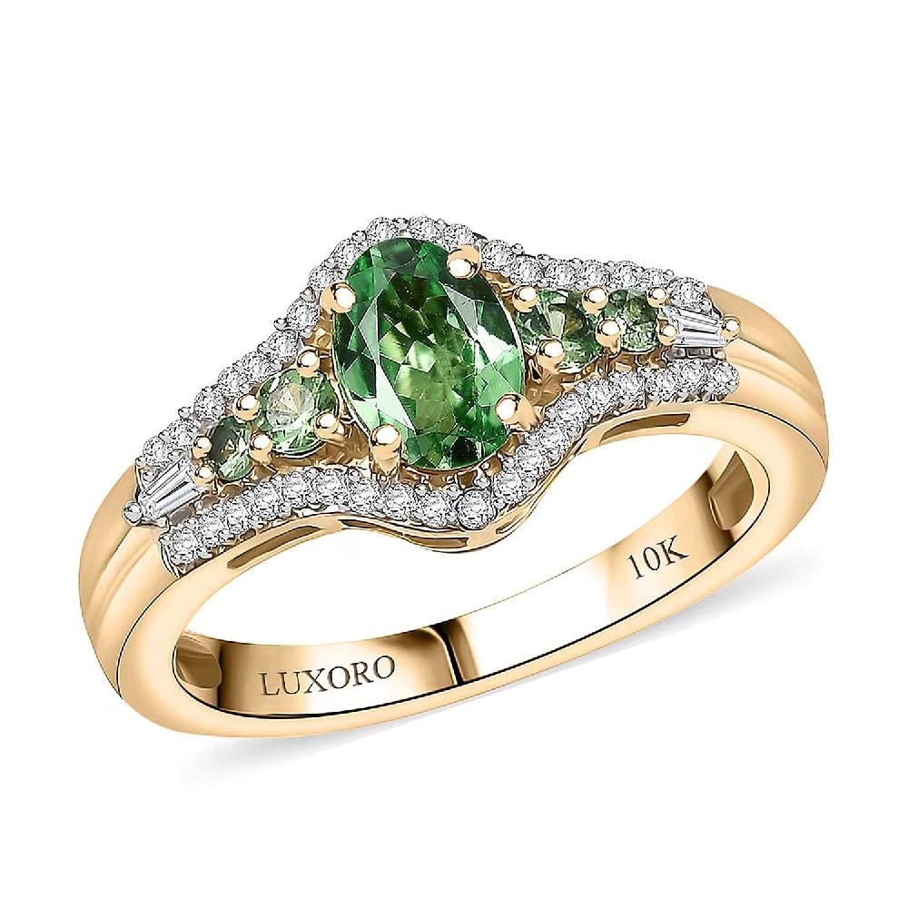 Luxoro Premium Tsavorite Garnet and I2 Diamond 1.25 ctw Ring in 10K Yellow Gold
