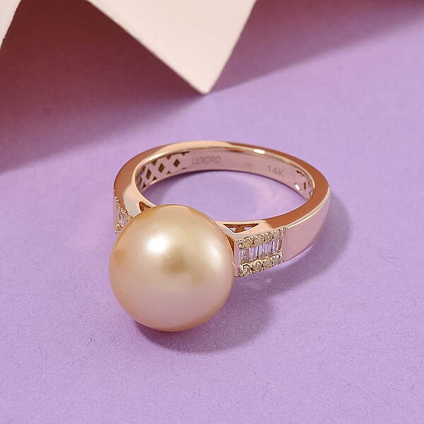 Luxoro South Sea Golden Cultured Pearl Natural Yellow And White Diamond 0.12 Ctw Ring In 14K Yellow Gold