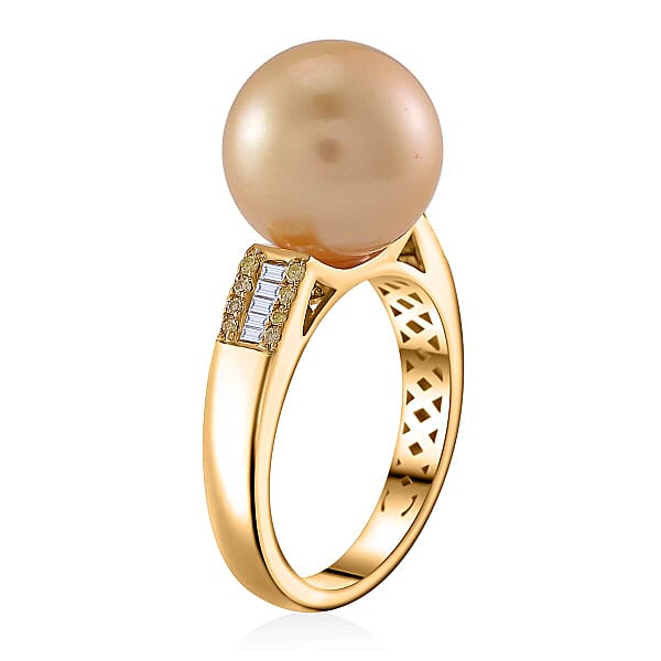 Luxoro South Sea Golden Cultured Pearl Natural Yellow And White Diamond 0.12 Ctw Ring In 14K Yellow Gold