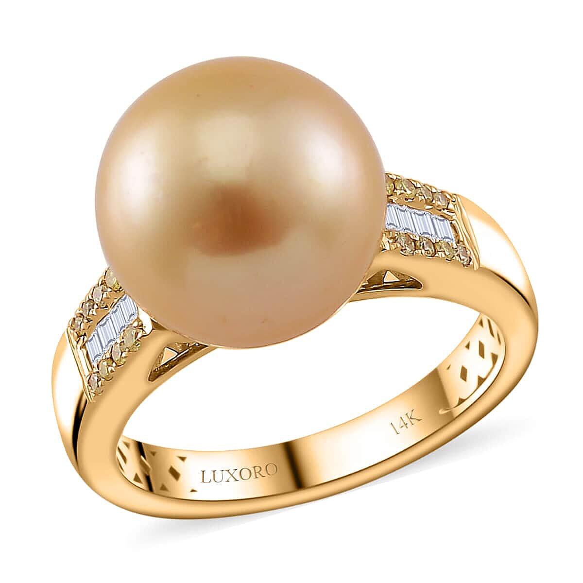Luxoro South Sea Golden Cultured Pearl Natural Yellow and White Diamond 0.12 ctw Ring in 14K Yellow Gold