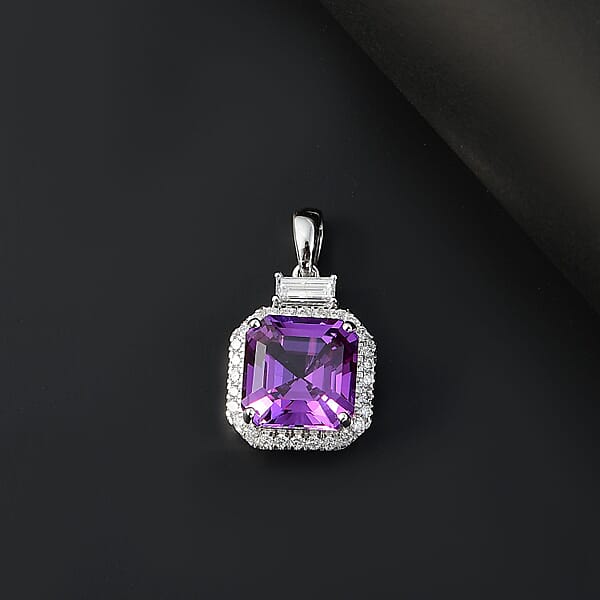 Luxuriant 10K White Gold AAA Lab Grown Purple Sapphire And E-F VS Lab Grown Diamond 6.98 Ctw Pendant Necklace (18 Inches)