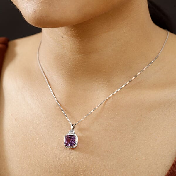 Luxuriant 10K White Gold AAA Lab Grown Purple Sapphire And E-F VS Lab Grown Diamond 6.98 Ctw Pendant Necklace (18 Inches)