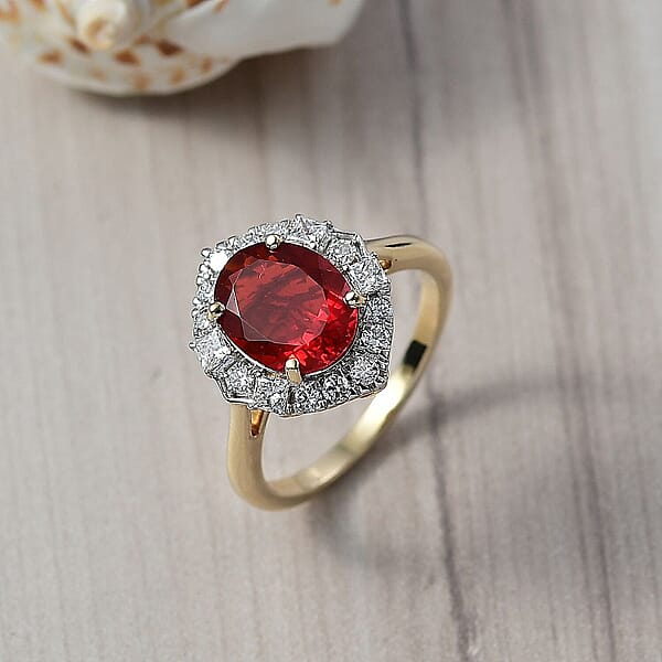 Luxuriant 10K Yellow Gold AAA Mexican Cherry Fire Opal Lab Grown Diamond GH SI Solitaire Ring Gold Wt. 2.9 G 2.21 Ctw
