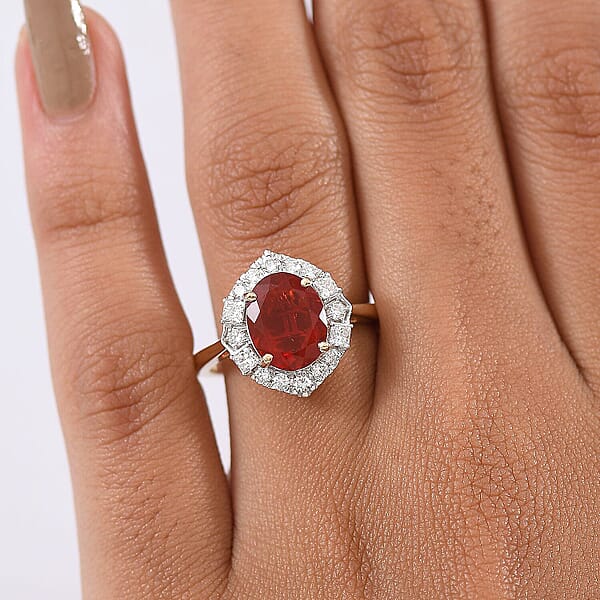 Luxuriant 10K Yellow Gold AAA Mexican Cherry Fire Opal Lab Grown Diamond GH SI Solitaire Ring Gold Wt. 2.9 G 2.21 Ctw
