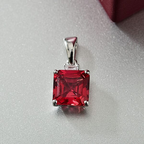 Luxuriant AAA Asscher Cut Lab Grown Padparadscha Sapphire And E-F VS Lab Grown Diamond 3.52 Ctw Pendant Necklace (18 Inches) In 10K White Gold