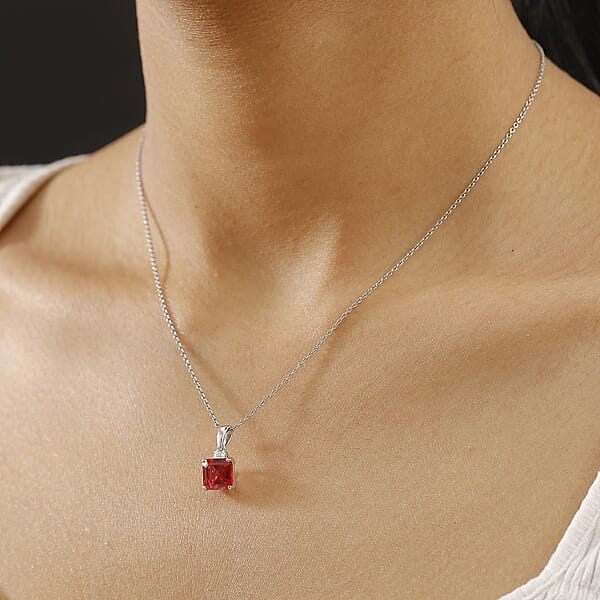 Luxuriant AAA Asscher Cut Lab Grown Padparadscha Sapphire And E-F VS Lab Grown Diamond 3.52 Ctw Pendant Necklace (18 Inches) In 10K White Gold