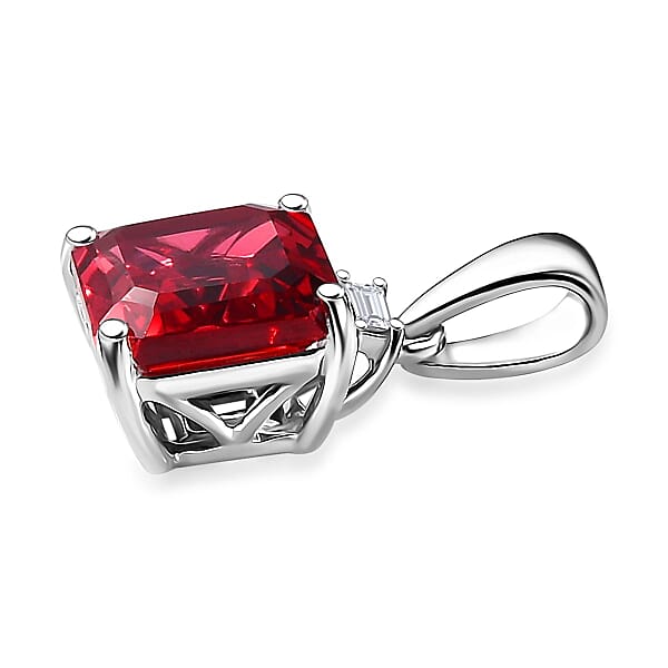 Luxuriant AAA Asscher Cut Lab Grown Padparadscha Sapphire And E-F VS Lab Grown Diamond 3.52 Ctw Pendant Necklace (18 Inches) In 10K White Gold
