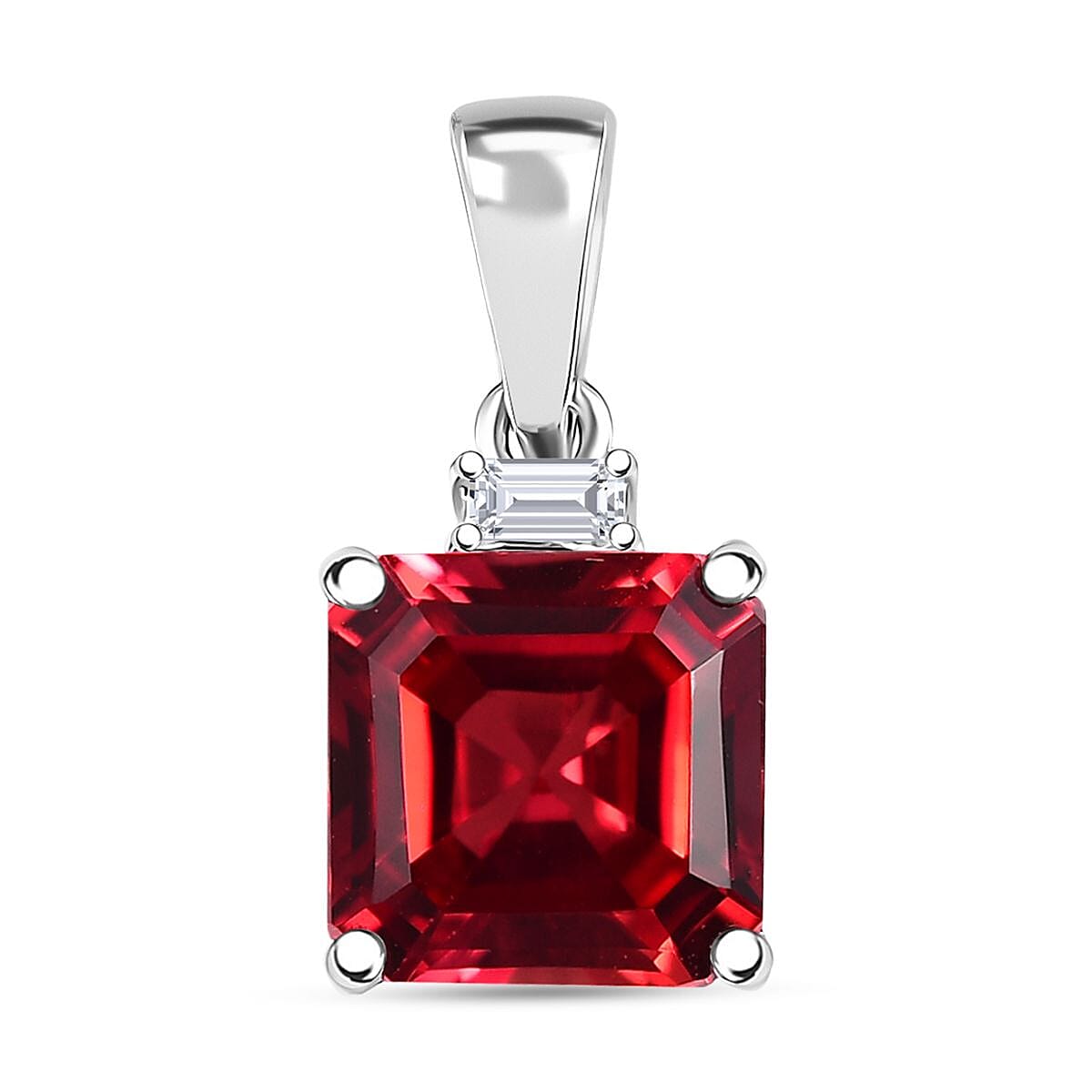 Luxuriant AAA Asscher Cut Lab Grown Padparadscha Sapphire and E-F VS Lab Grown Diamond 3.52 ctw Pendant Necklace (18 Inches) in 10K White Gold