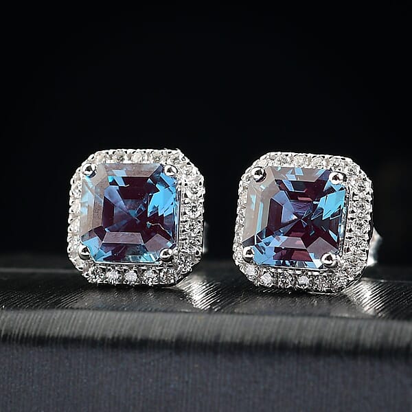Luxuriant AAA Lab Grown Alexandrite And E-F VS Lab Grown Diamond 4.28 Ctw Earrings In 10K White Gold