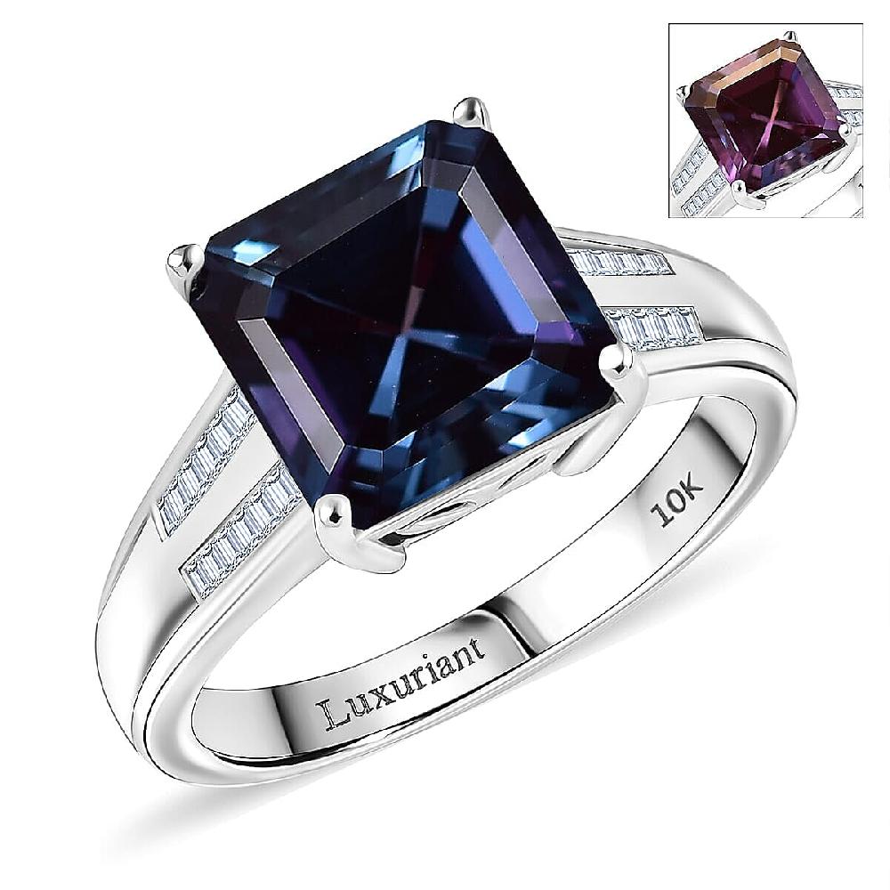 Luxuriant AAA Lab Grown Alexandrite and E-F VS Lab Grown Diamond 4.50 ctw Twilight Regent Ring in 10K White Gold 4.3 Grams