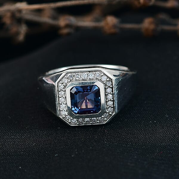 Luxuriant AAA Lab Grown Alexandrite And Lab Grown Diamond G-H SI 2.40 Ctw Eclipse Valor Men's Ring In Rhodium Over Sterling Silver