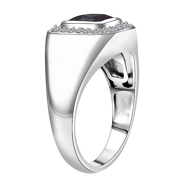 Luxuriant AAA Lab Grown Alexandrite And Lab Grown Diamond G-H SI 2.40 Ctw Eclipse Valor Men's Ring In Rhodium Over Sterling Silver