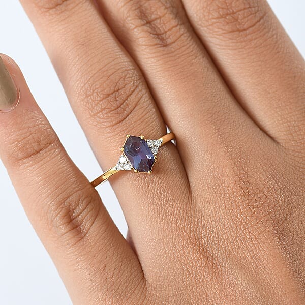 Luxuriant AAA Lab Grown Alexandrite And Lab Grown Diamond G-H SI 1.50 Ctw Shadow Prism Ring In 18K Vermeil Yellow Gold Over Sterling Silver