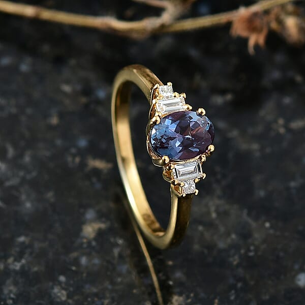 Luxuriant AAA Lab Grown Alexandrite And Lab Grown Diamond G-H SI 1.20 Ctw Twilight Grace Ring In 18K Vermeil Yellow Gold Over Sterling Silver